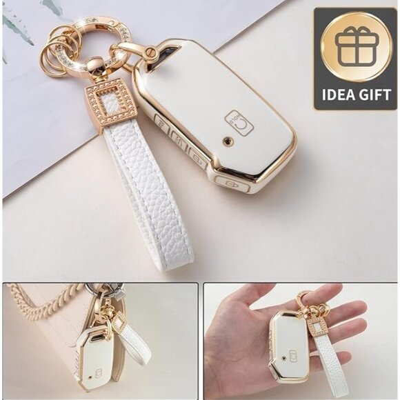 White Car Key Fob Cover with Pearl Keychain Lanyard Cute Modern Car Accessory - Picture 2 of 6